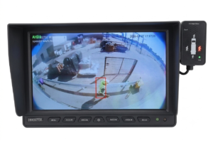 Images of detected person on monitor and activation of in cab warning display.